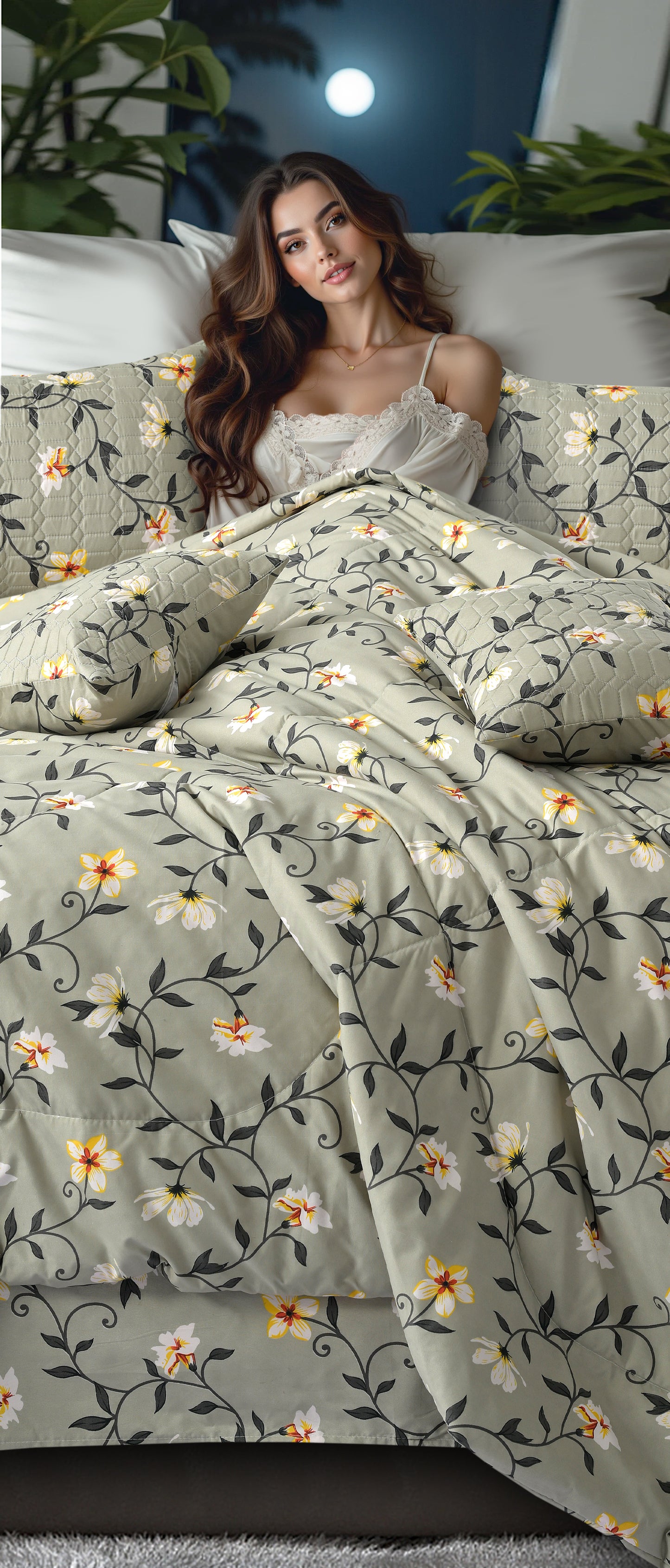 jayvaam Super Premium Designer 5-Piece Bedsheet Set - Double Bed Size (90”x100”) - Heavy Cotton Blend with Bedsheet, Pillow Covers & Cushion Covers (Grey, 5 Pc Bedsheet Set)