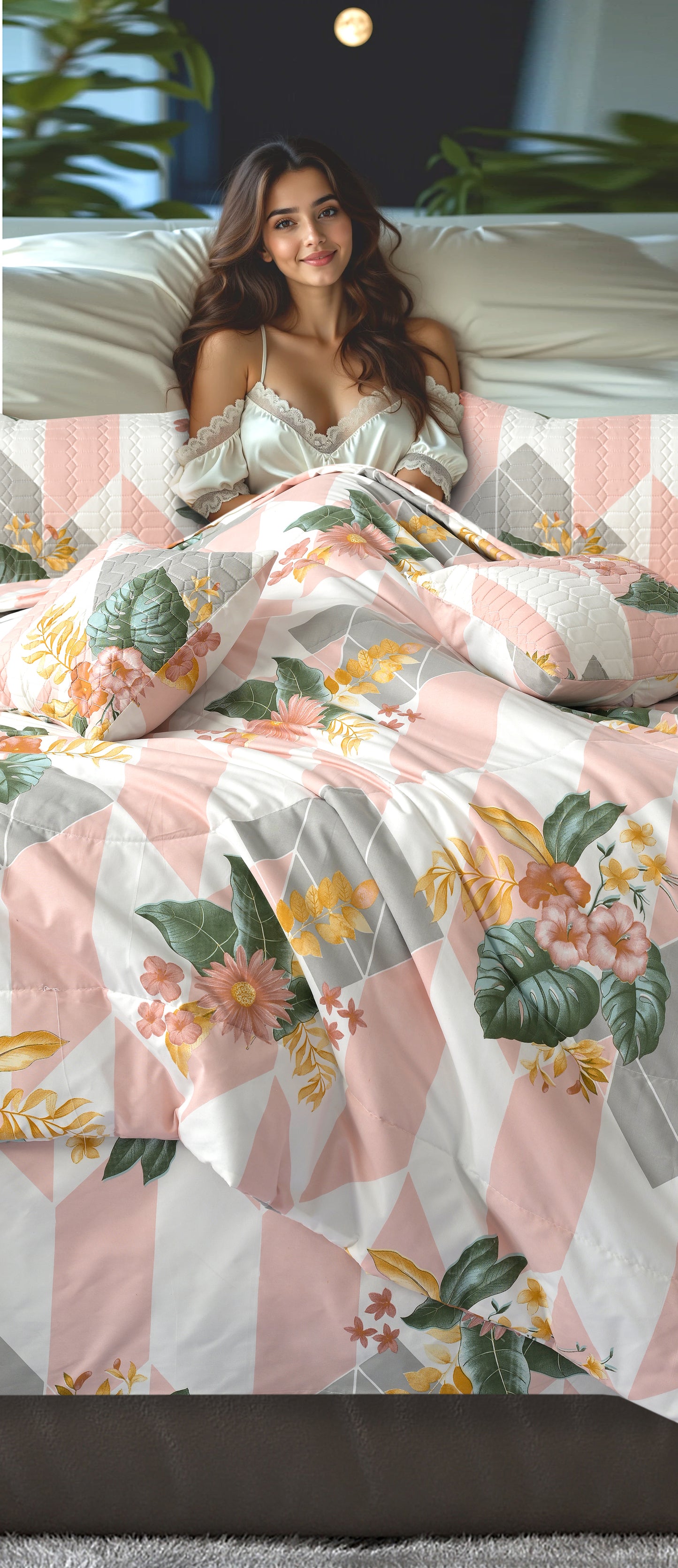 jayvaam Super Premium Designer 6-Piece Comforter Set - Double Bed Size (90”x100”) - Heavy Cotton Blend with Reversible Comforter, Bedsheet, Pillow Covers & Cushion Covers (Pink, 6 Pc Comforter Set)