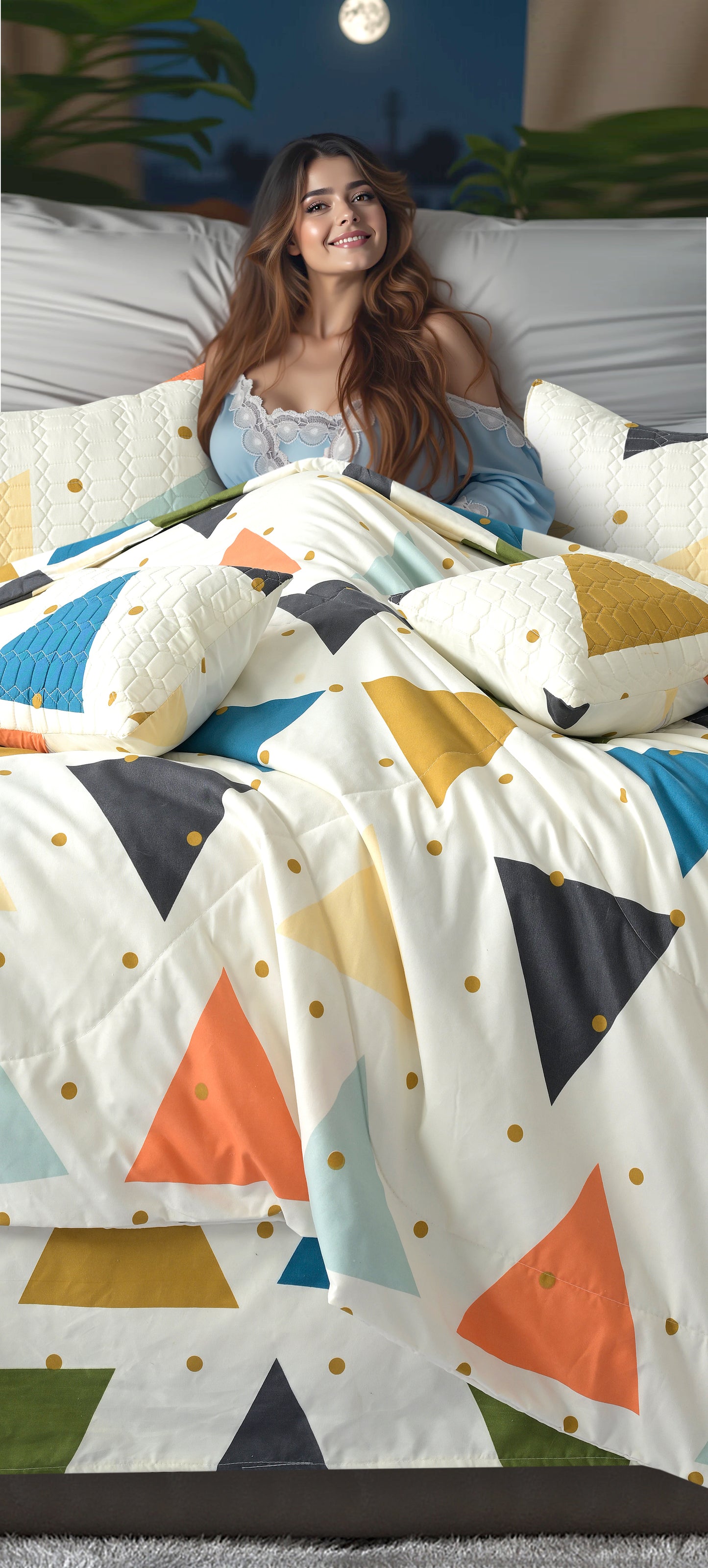 jayvaam Super Premium Designer 6-Piece Comforter Set - Double Bed Size (90”x100”) - Heavy Cotton Blend with Reversible Comforter, Bedsheet, Pillow Covers & Cushion Covers (White, 6 Pc Comforter Set)