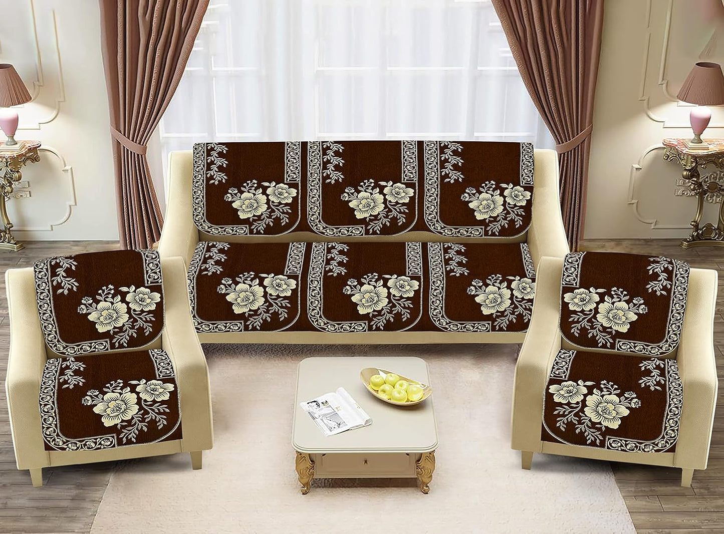 Dazzling DECOR Velvet Sofa Cover 3 Seater and 2 Seater - Premium Sofa Cover 5 Seater Full Cover Set for Couch- Heavy Fabric Sofa Seat Cover Slip Protector, 201_Brown