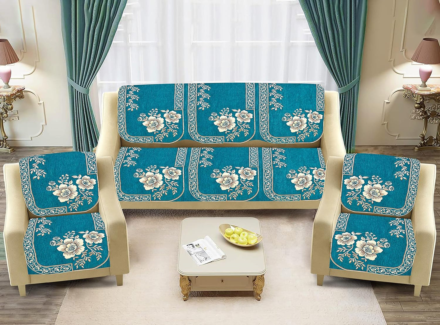 Dazzling DECOR Velvet Sofa Cover 3 Seater and 2 Seater - Premium Sofa Cover 5 Seater Full Cover Set for Couch- Heavy Fabric Sofa Seat Cover Slip Protector, 201_Aqua