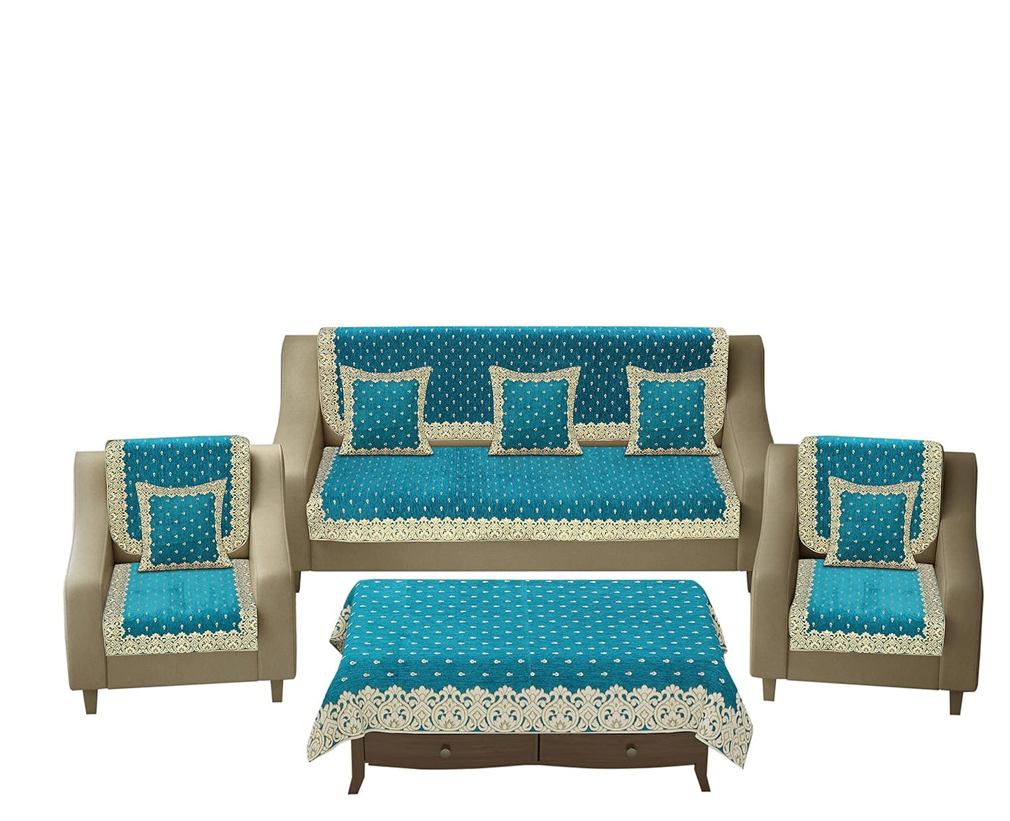 Dazzling DECOR Sofa Seater Slip Covers 5 Seater with Cushion and Table Cover - 3+2 Seater Velvet Sofa Cover Set for Single Sofa Couch - Latest Sofa Seat Protector Slip and Back Covers, 2801_Sky