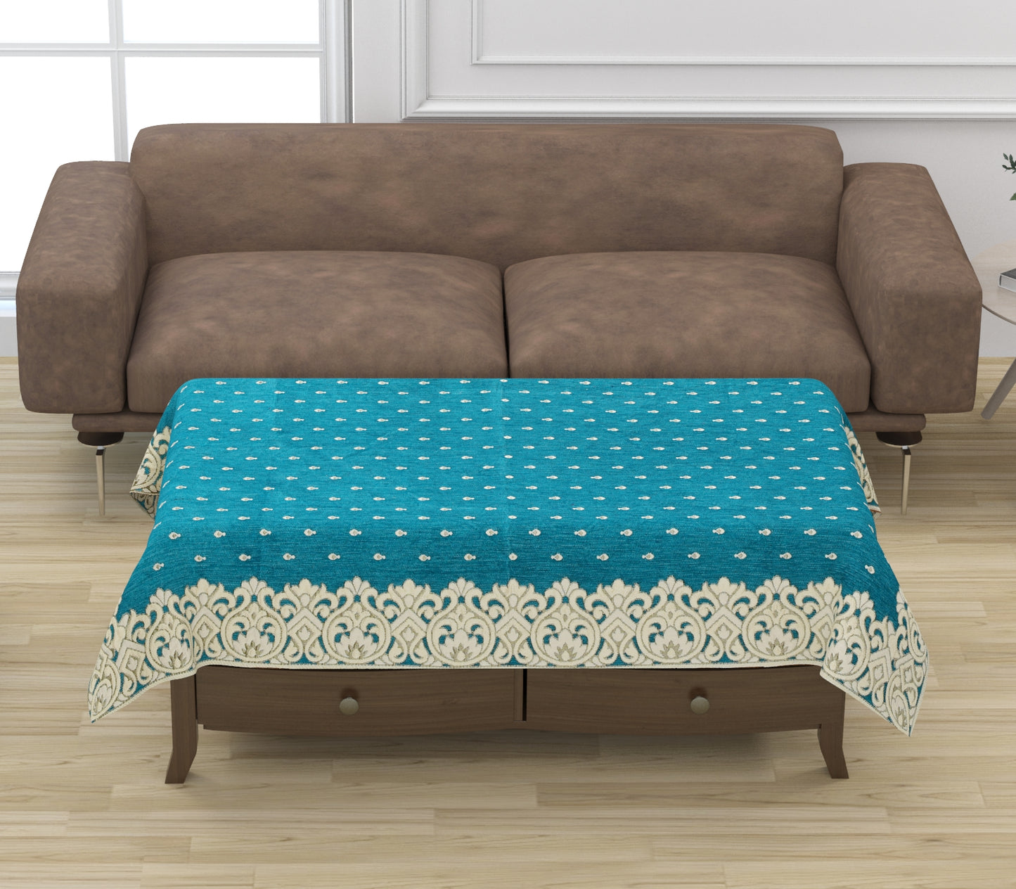 JAYVAAM Self Design 4 Seater Table Cover (SKY, Velvet)