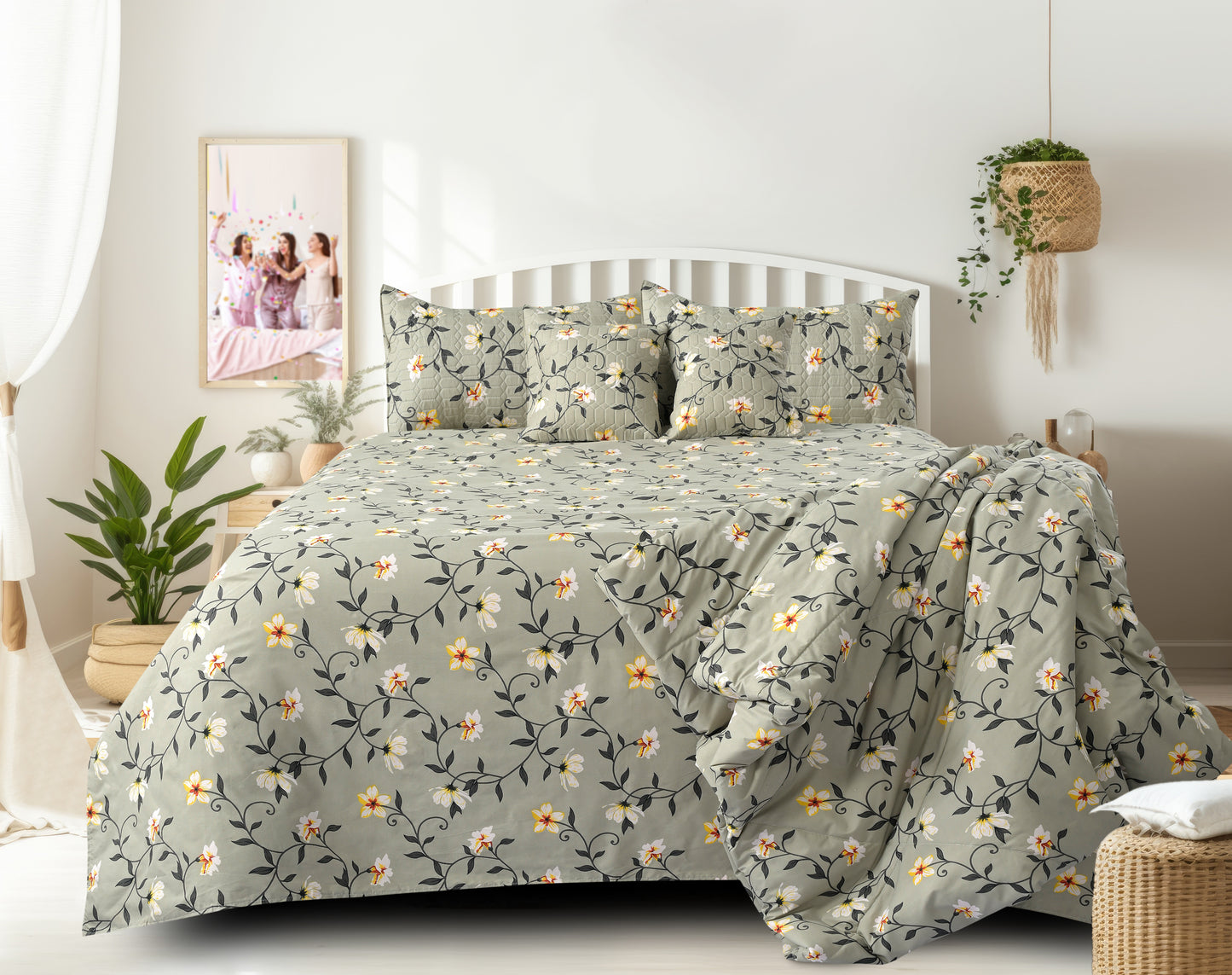 jayvaam Super Premium Designer 6-Piece Comforter Set - Double Bed Size (90”x100”) - Heavy Cotton Blend with Reversible Comforter, Bedsheet, Pillow Covers & Cushion Covers (Grey, 6 Pc Comforter Set)