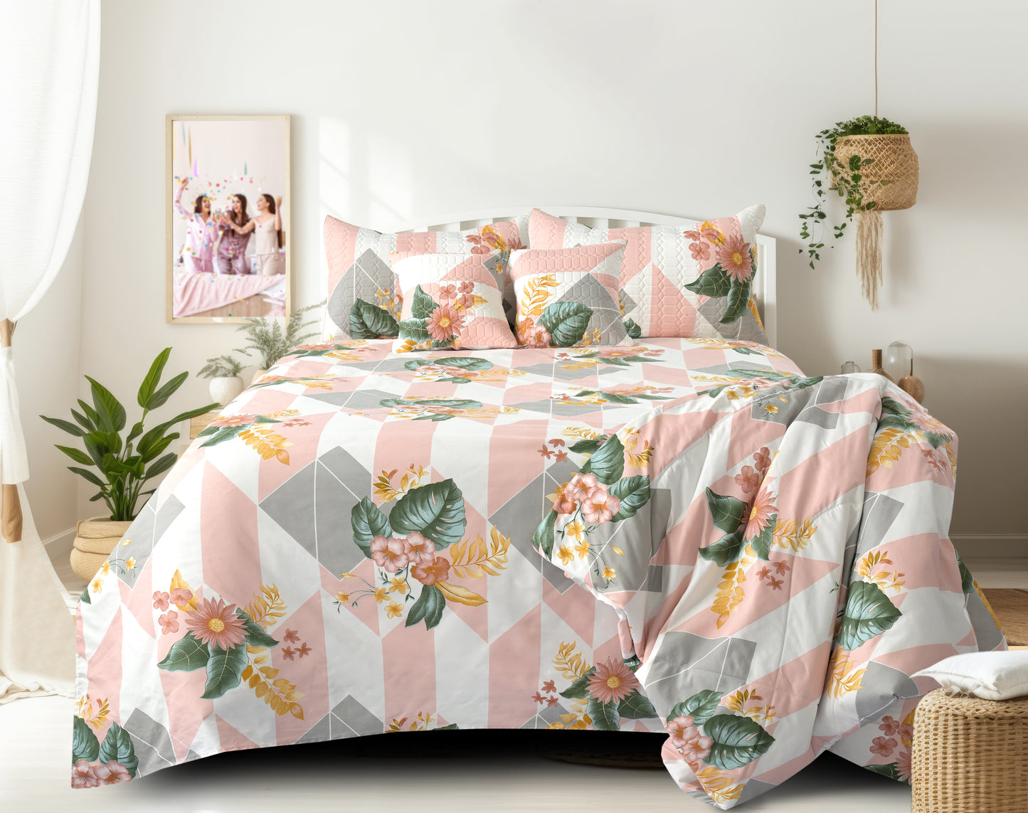 jayvaam Super Premium Designer 6-Piece Comforter Set - Double Bed Size (90”x100”) - Heavy Cotton Blend with Reversible Comforter, Bedsheet, Pillow Covers & Cushion Covers (Pink, 6 Pc Comforter Set)