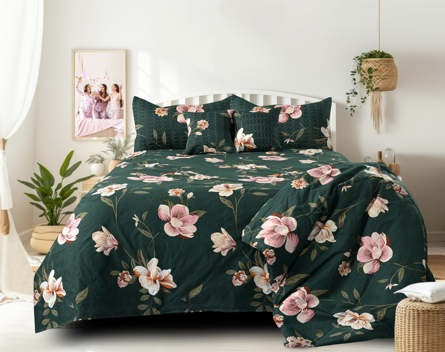 jayvaam Super Premium Designer 6-Piece Comforter Set - Double Bed Size (90”x100”) - Heavy Cotton Blend with Reversible Comforter, Bedsheet, Pillow Covers & Cushion Covers (Green, 6 Pc Comforter Set)