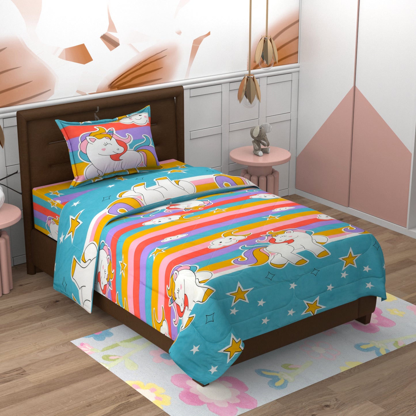 Single bed kids cartoon printed cotton bedsheet and comforter set