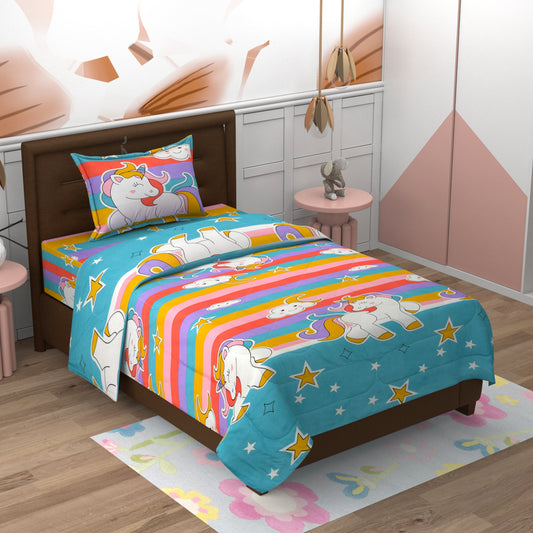 Single bed kids cartoon printed cotton bedsheet and comforter set