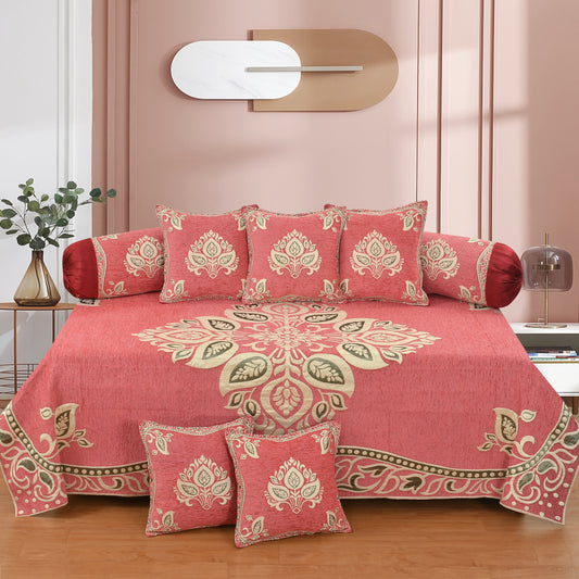 Dazzling DECOR Luxury Velvet Diwan Bedsheet with 5 Cushion Covers and 2 Bolster Covers – Designer Sofa DiwanCover Set for Living Room (Pink, Velvet Diwan Set (1+2+5))