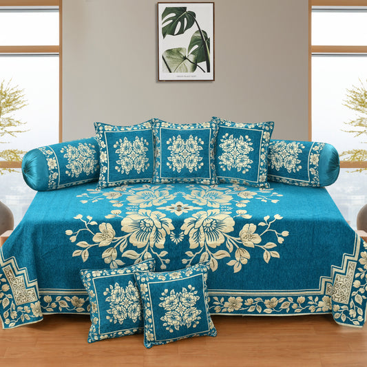 Dazzling DECOR Luxury Velvet Diwan Bedsheet with 5 Cushion Covers and 2 Bolster Covers – Designer Sofa DiwanCover Set for Living Room (Sky, Velvet Diwan Set (1+2+5))