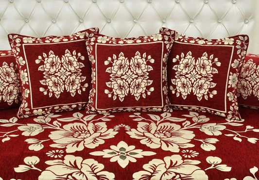 Dazzling DECOR Luxury Velvet Diwan Bedsheet with 5 Cushion Covers and 2 Bolster Covers – Designer Sofa DiwanCover Set for Living Room (Maroon, Velvet Diwan Set (1+2+5))