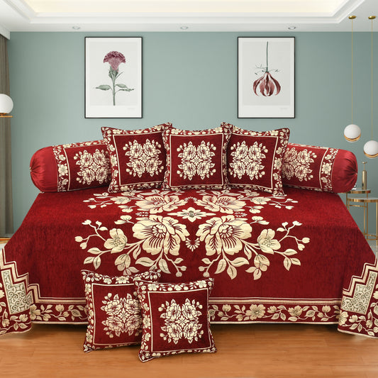 Dazzling DECOR Luxury Velvet Diwan Bedsheet with 5 Cushion Covers and 2 Bolster Covers – Designer Sofa DiwanCover Set for Living Room (Maroon, Velvet Diwan Set (1+2+5))