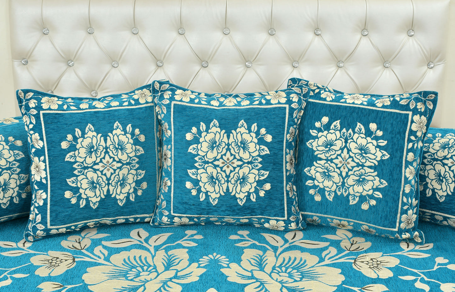 Dazzling DECOR Luxury Velvet Diwan Bedsheet with 5 Cushion Covers and 2 Bolster Covers – Designer Sofa DiwanCover Set for Living Room (Sky, Velvet Diwan Set (1+2+5))