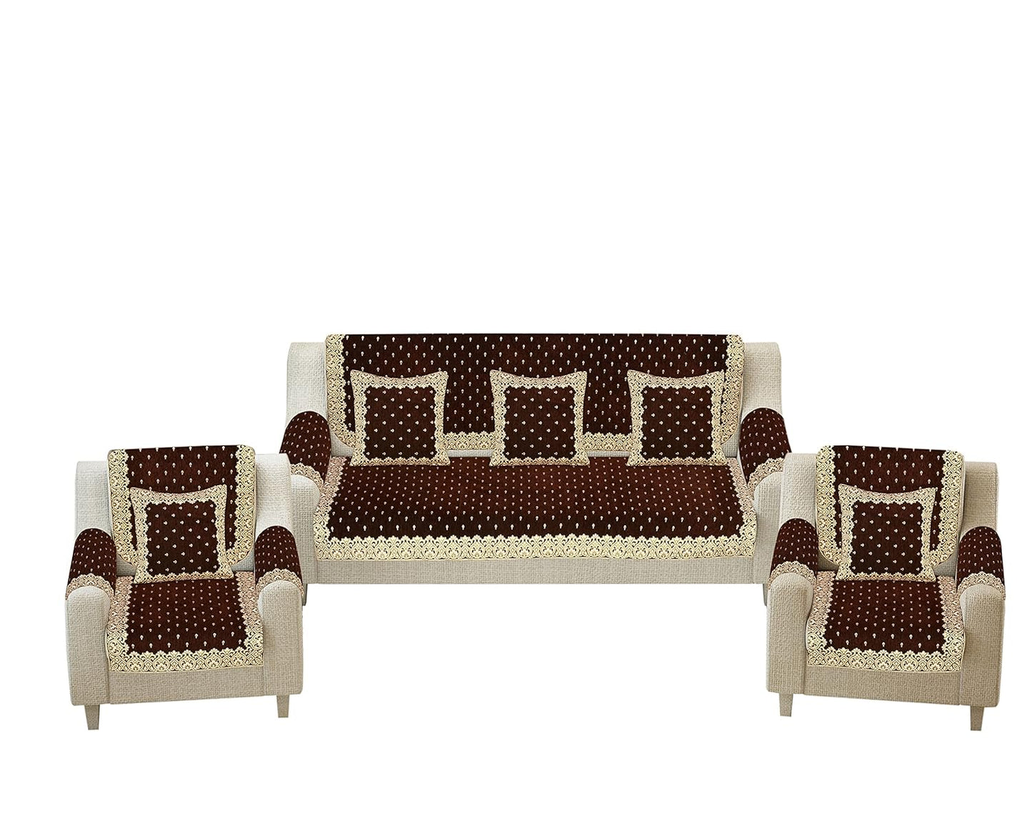 Dazzling DECOR Velvet Sofa Cover with Arm Cover and Cushion Covers Set of 5 Seater - Sofa Covers 3 Seater and 2 Seater Full Cover Set for Couch Seat - Heavy Fabric Sofa Slip Protector, 2801_Brown