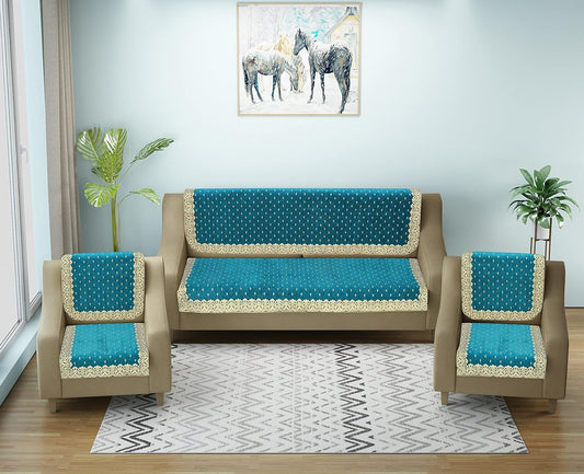 Dazzling DECOR Velvet Sofa Cover Set of 5 Seater - Premium Sofa Covers 3 Seater and 2 Seater Full Cover Set for Couch Seat - Heavy Fabric Sofa Slip Protector with Back Covers, 2801_Aqua