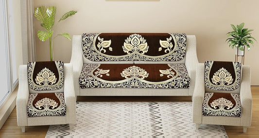 Dazzling DECOR Velvet Sofa Cover 3 Seater and 2-Sofa Cover 5 Seater Full Set for Couch- Heavy Fabric Slip 2701_Brown