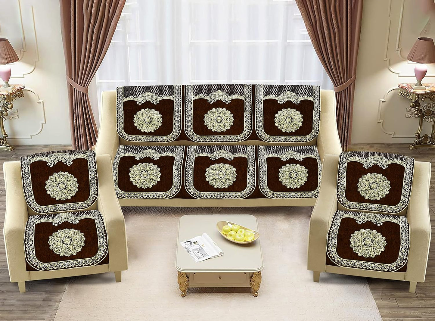 Dazzling DECOR Velvet Sofa Cover 3 Seater and 2 Seater - Premium Sofa Cover 5 Seater Full Cover Set for Couch- Heavy Fabric Sofa Seat Cover Slip Protector, 2922_Brown