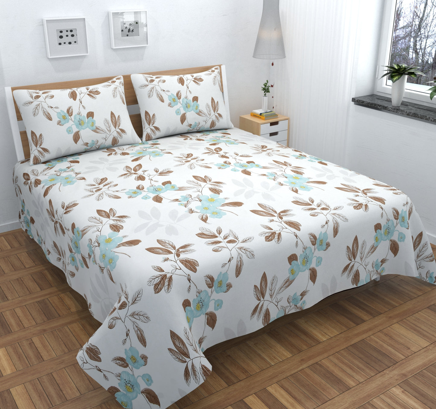 108x108 Inches Printed Cotton King Size Bedsheet with 2 Pillow Covers | Soft & Breathable Fabric Double Bed Sheet for Bedroom Décor (White, 108 x 108 King Size)