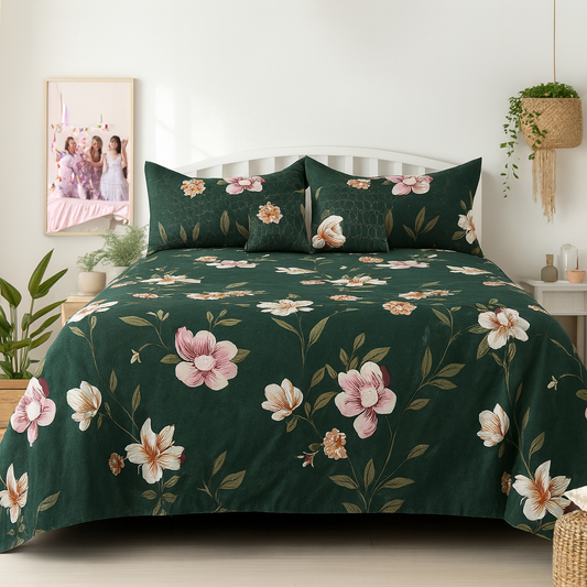 jayvaam Super Premium Designer 5-Piece Bedsheet Set - Double Bed Size (90”x100”) - Heavy Cotton Blend with Bedsheet, Pillow Covers & Cushion Covers (Green, 5 Pc Bedsheet Set)
