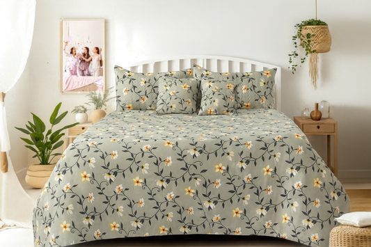 jayvaam Super Premium Designer 5-Piece Bedsheet Set - Double Bed Size (90”x100”) - Heavy Cotton Blend with Bedsheet, Pillow Covers & Cushion Covers (Grey, 5 Pc Bedsheet Set)