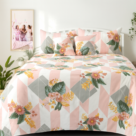 jayvaam Super Premium Designer 5-Piece Bedsheet Set - Double Bed Size (90”x100”) - Heavy Cotton Blend with Bedsheet, Pillow Covers & Cushion Covers (Pink, 5 Pc Bedsheet Set)